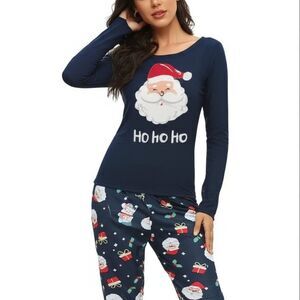 NWT Womens Pajama Set Size S Navy Christmas Print Cozy Lounge Santa Festive